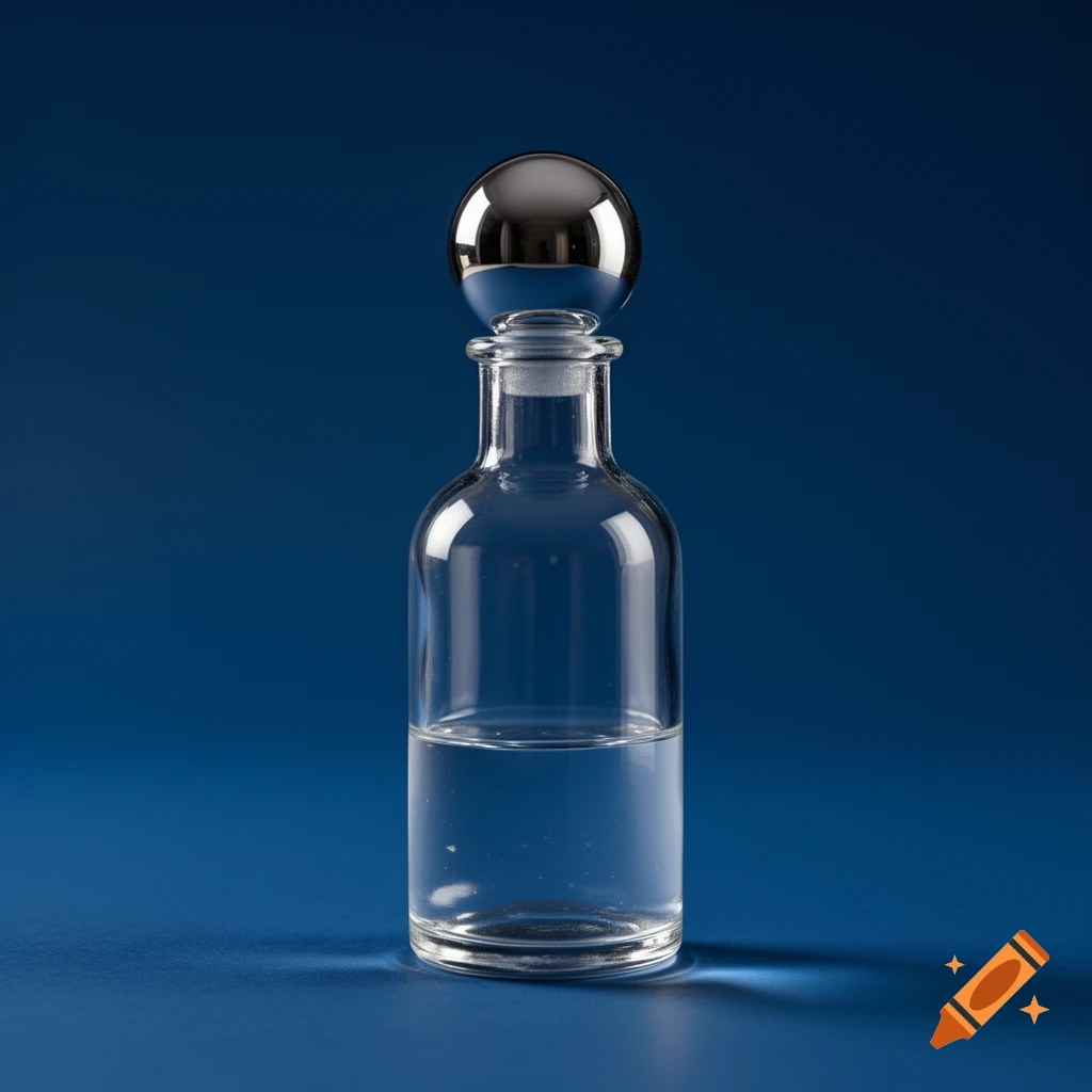 A clear glass bottle with a silver spherical stopper and liquid inside, on a blue background.