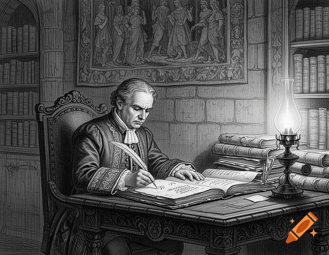 A man in historical attire writes with a quill in an open book at a desk in a lamp-lit library, in an engraving style.