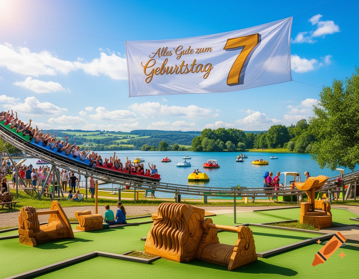Vibrant outdoor amusement park scene with a rollercoaster, lake with pedal boats, mini-golf, and a 'Alles Gute zum Geburtstag 7' banner.