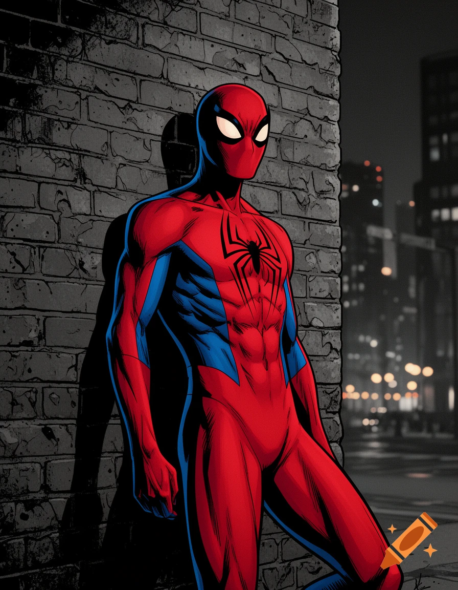 Spider-Man in a red and blue suit leans against a brick wall at night, comic book style.