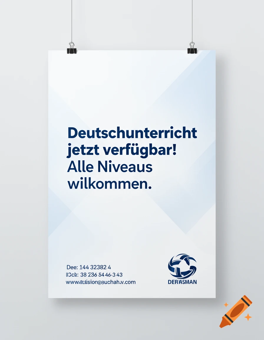A white and blue flyer for German classes hanging on a wall, with text stating "German lessons now available! All levels welcome" and a logo at the bottom.