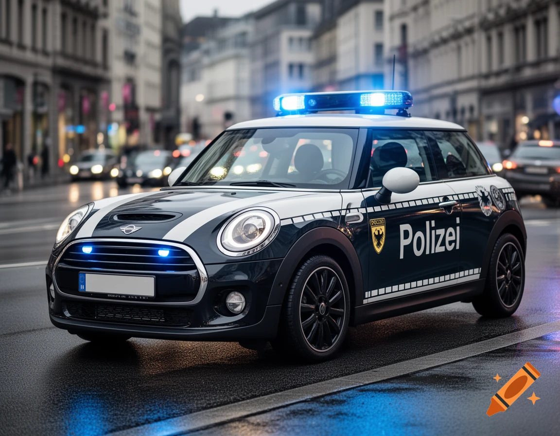 A dark blue and white Mini Cooper police car with flashing blue lights drives on a wet city street at dusk.