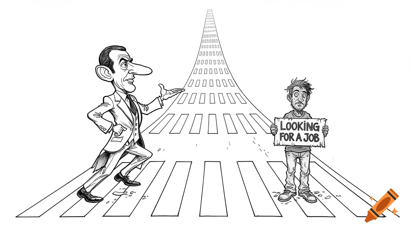 A satirical cartoon shows a caricature of a French president pointing towards an endless crosswalk, opposite a scruffy man holding a 'LOOKING FOR A JOB' sign.