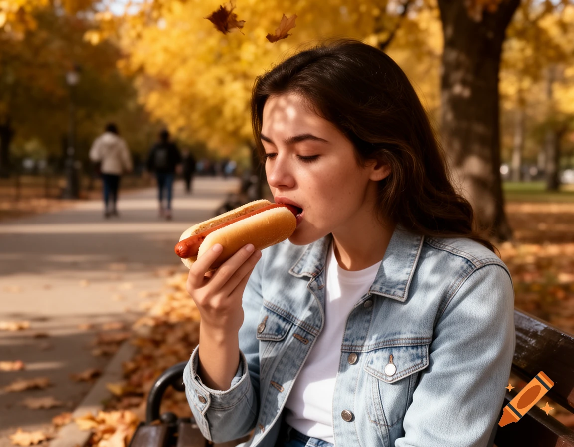 A young woman in a denim jacket eats a hotdog in an autumn park with golden trees and fallen leaves.
