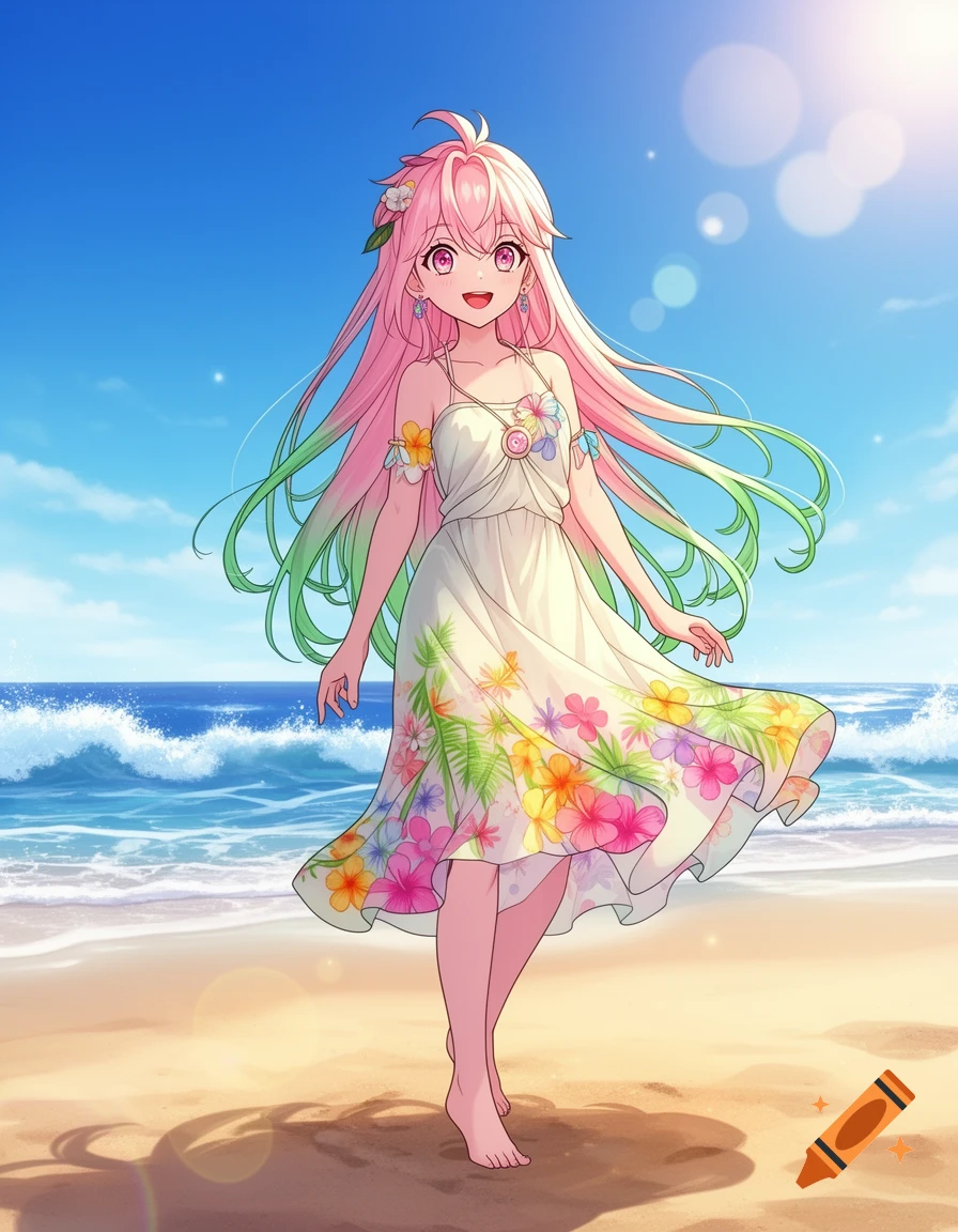 Anime girl with pink and green hair in a white floral sundress, barefoot on a sunny beach with ocean waves.