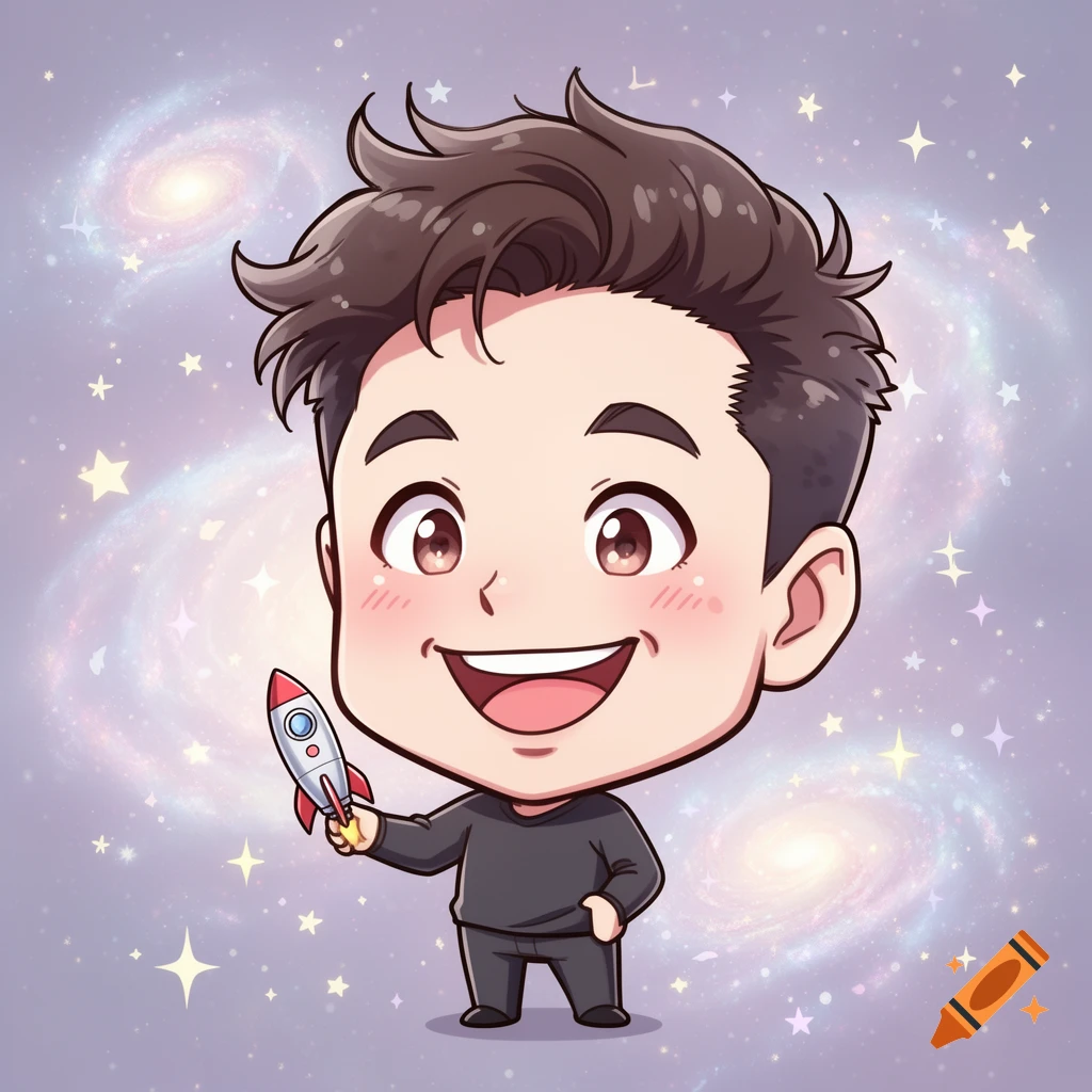 A cute, chibi-style cartoon caricature of Elon Musk with a wide smile, holding a tiny rocket against a starry galaxy background.