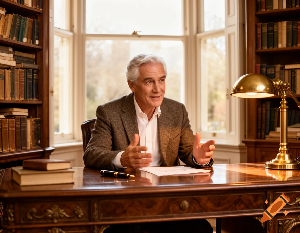 Older man with gray hair in a tweed jacket sits at a wooden desk in a library, gesturing while speaking.