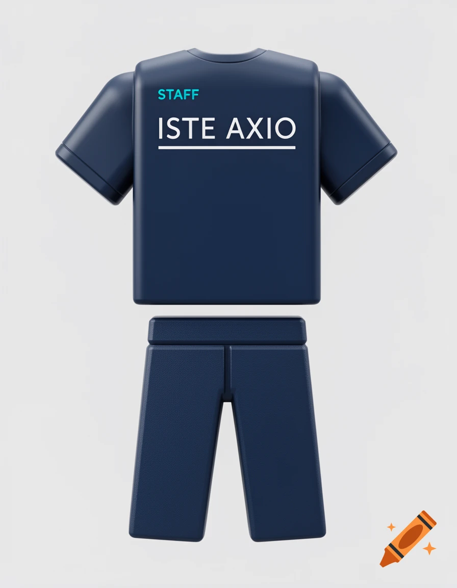 A navy blue t-shirt and matching shorts rendered in a blocky, Roblox-style. The t-shirt has 'STAFF' in turquoise and 'ISTE AXIO' in white with an underline.