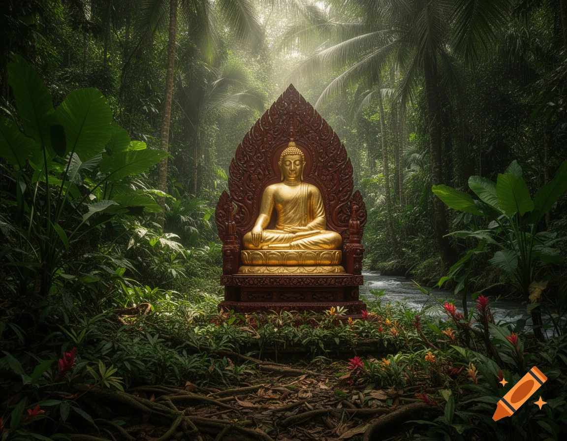 A golden Buddha statue sits on an ornate wooden throne amidst a lush tropical forest with a river.