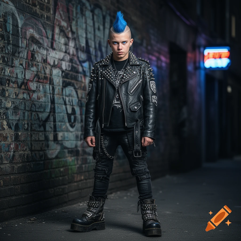 A young person with a bright blue mohawk, wearing a studded leather jacket and boots, stands in an urban alley with graffiti.