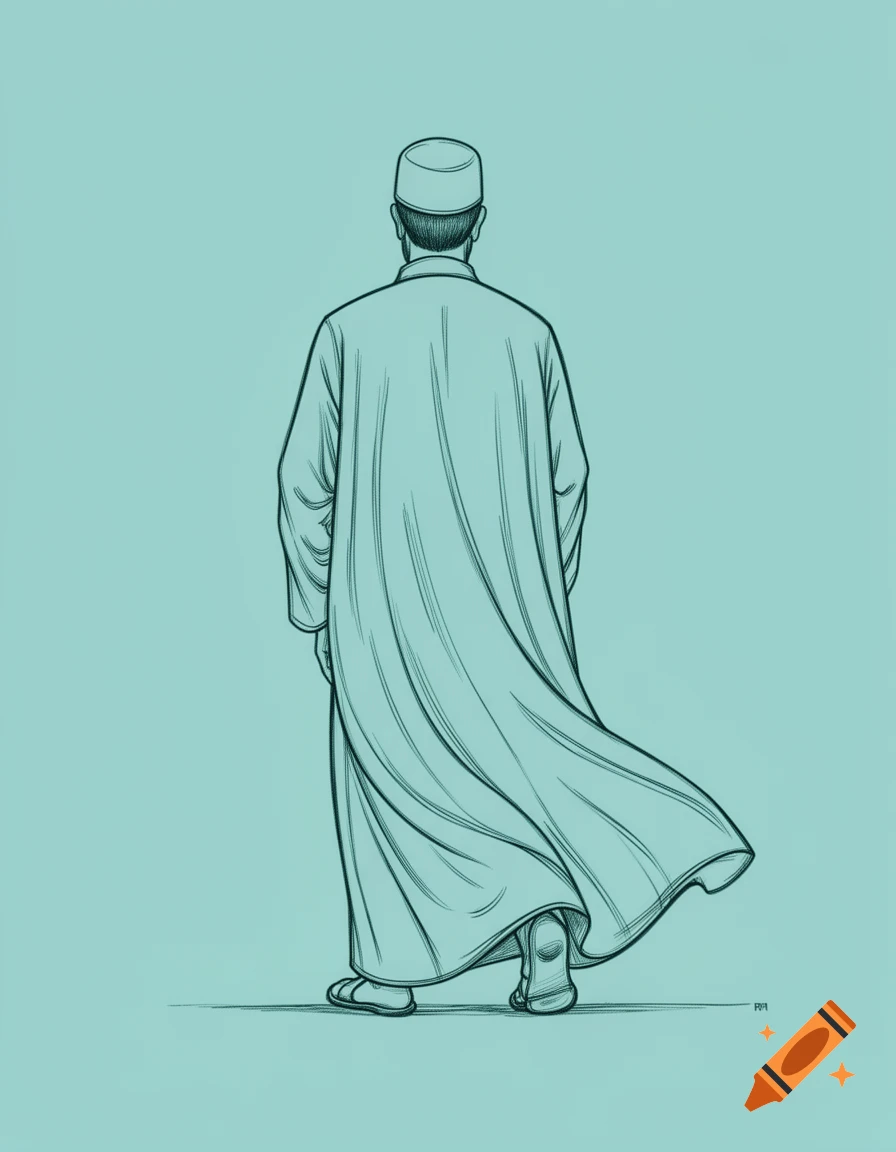 Line art illustration of a man wearing a long robe and a cap, seen from the back, against a teal background.