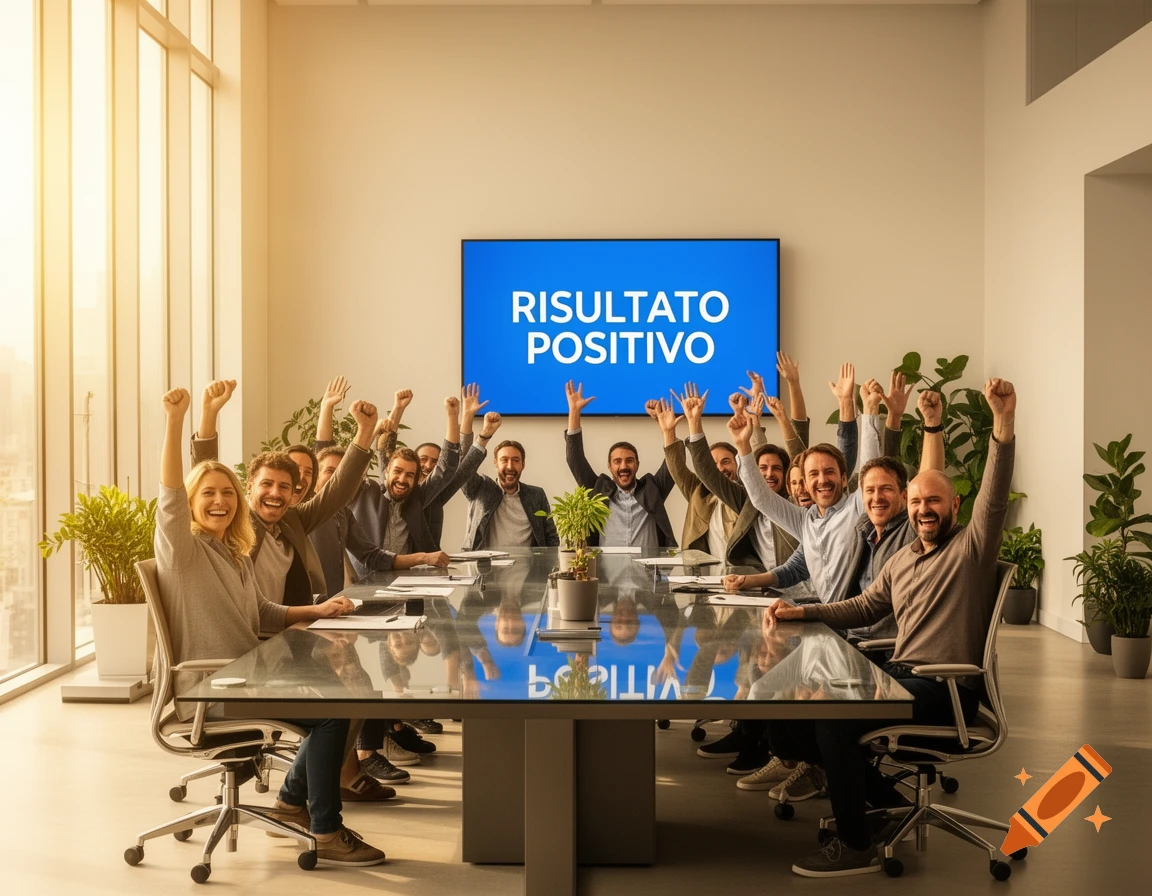 A diverse group of business people in a modern meeting room cheer with raised hands and smiles, celebrating a positive result.