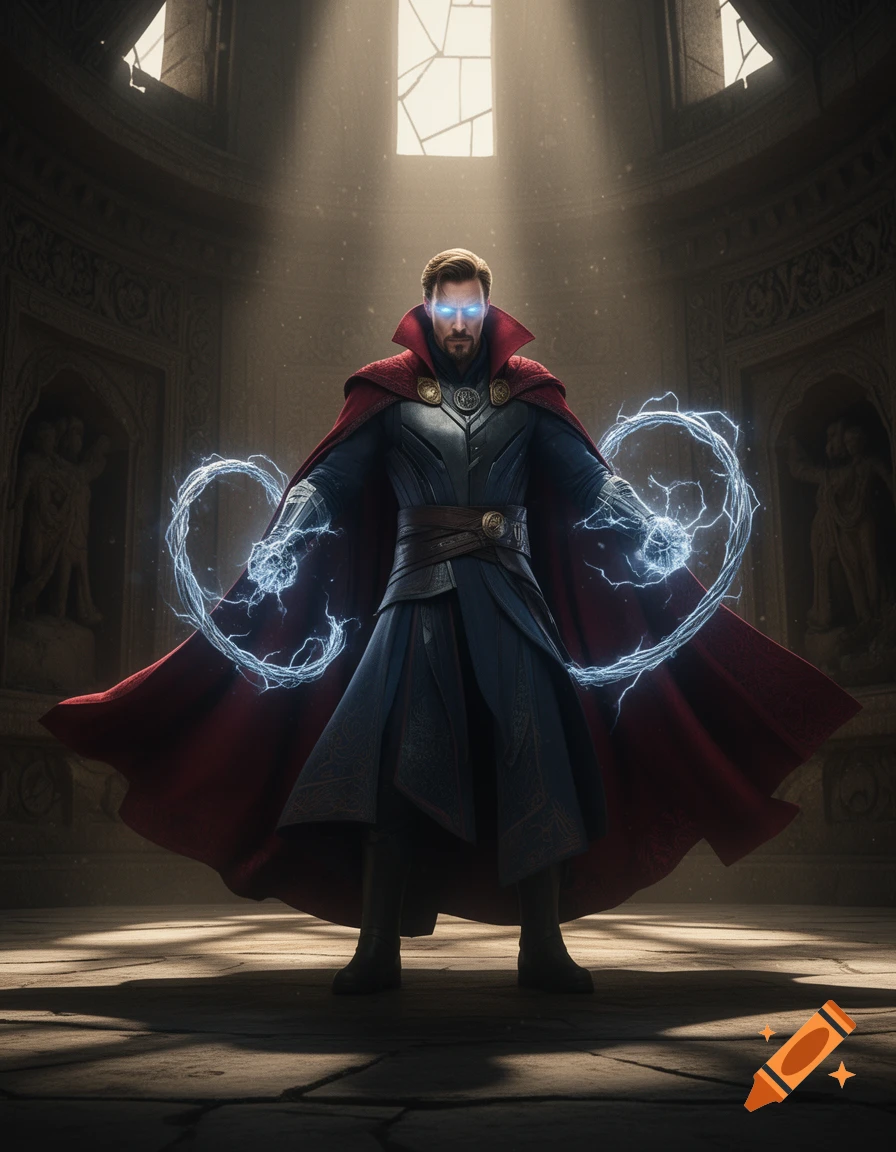 A man resembling Doctor Strange in a red cape casts glowing blue magic in an ancient hall.
