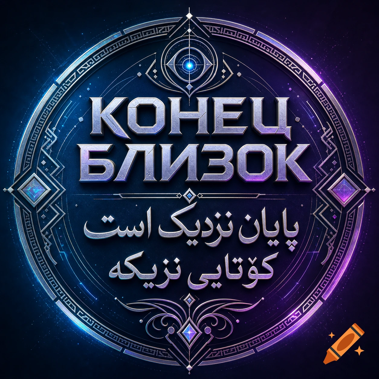 A circular, metallic-look logo with intricate geometric and ornate designs, glowing blue and purple, featuring text in Cyrillic, Persian, and Kurdish.