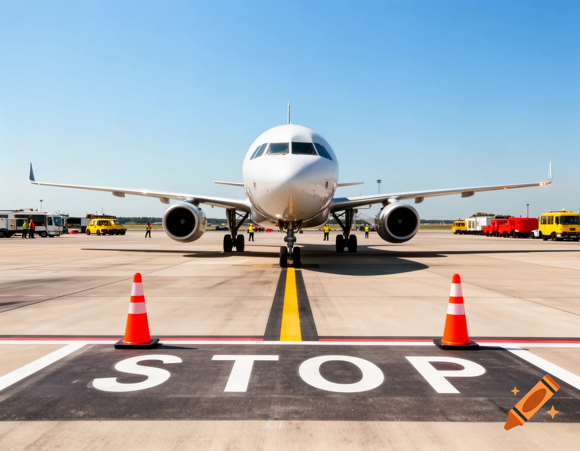 A white airplane on an airport tarmac, with ground vehicles, crew, and a 'STOP' sign painted on the ground.