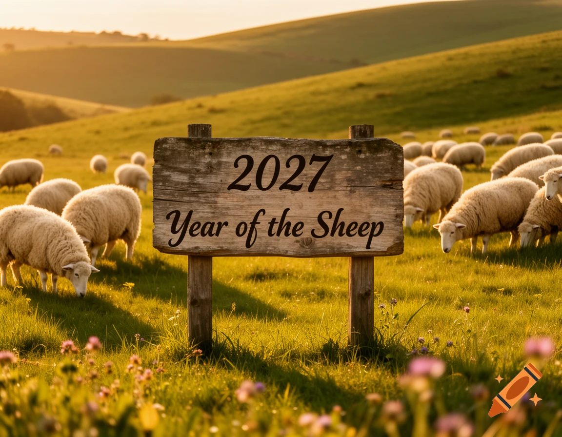 A wooden sign reads '2027 Year of the Sheep' in a sunny, rolling green field with many sheep grazing.
