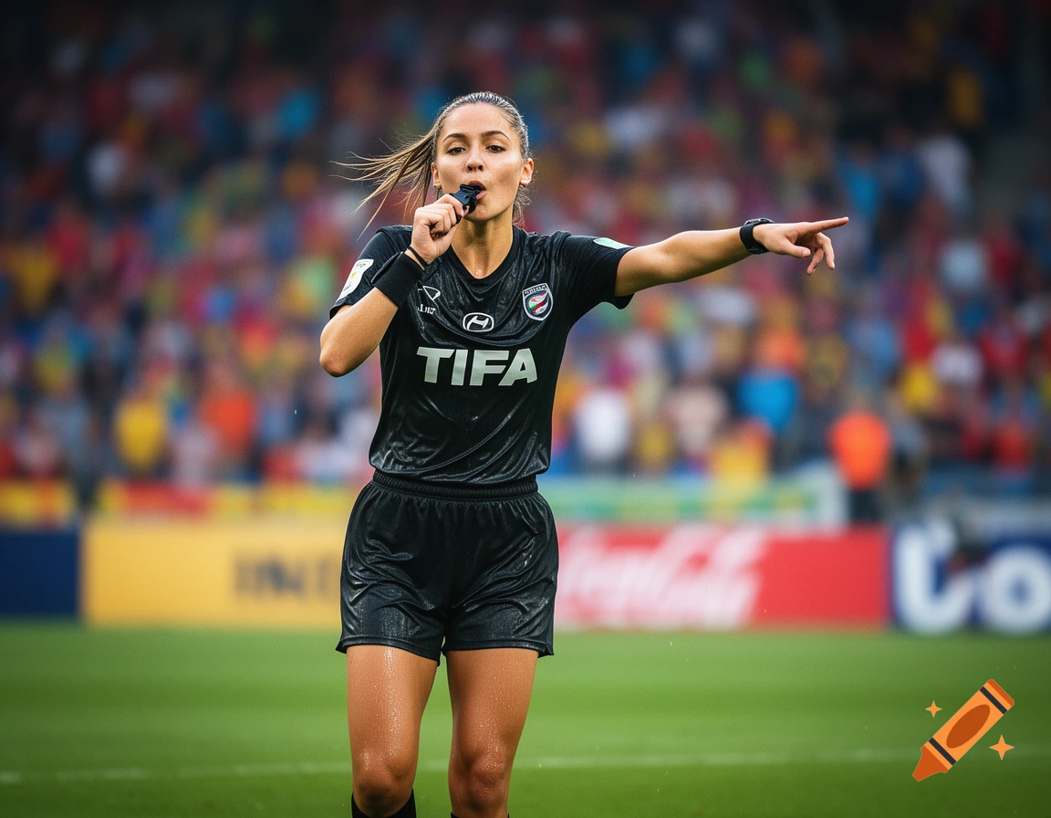 A female soccer referee in a sweaty black uniform blows a whistle and points on a bright green field during a game.