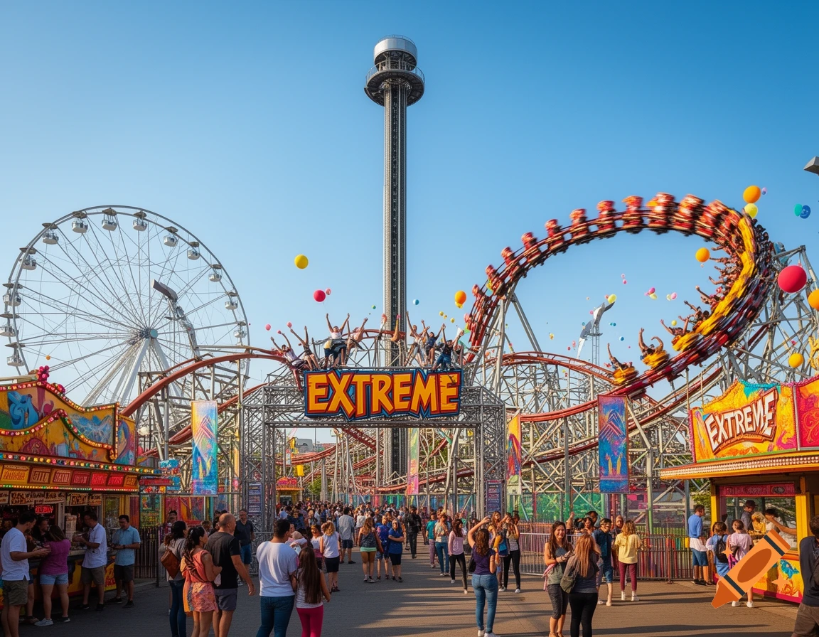 A vibrant, crowded amusement park features a large roller coaster looping, a Ferris wheel, and a tall observation tower against a clear blue sky.