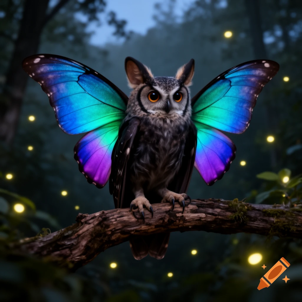 An owl with iridescent blue, green, and purple butterfly wings perches on a branch in a dark, magical forest with glowing fireflies.