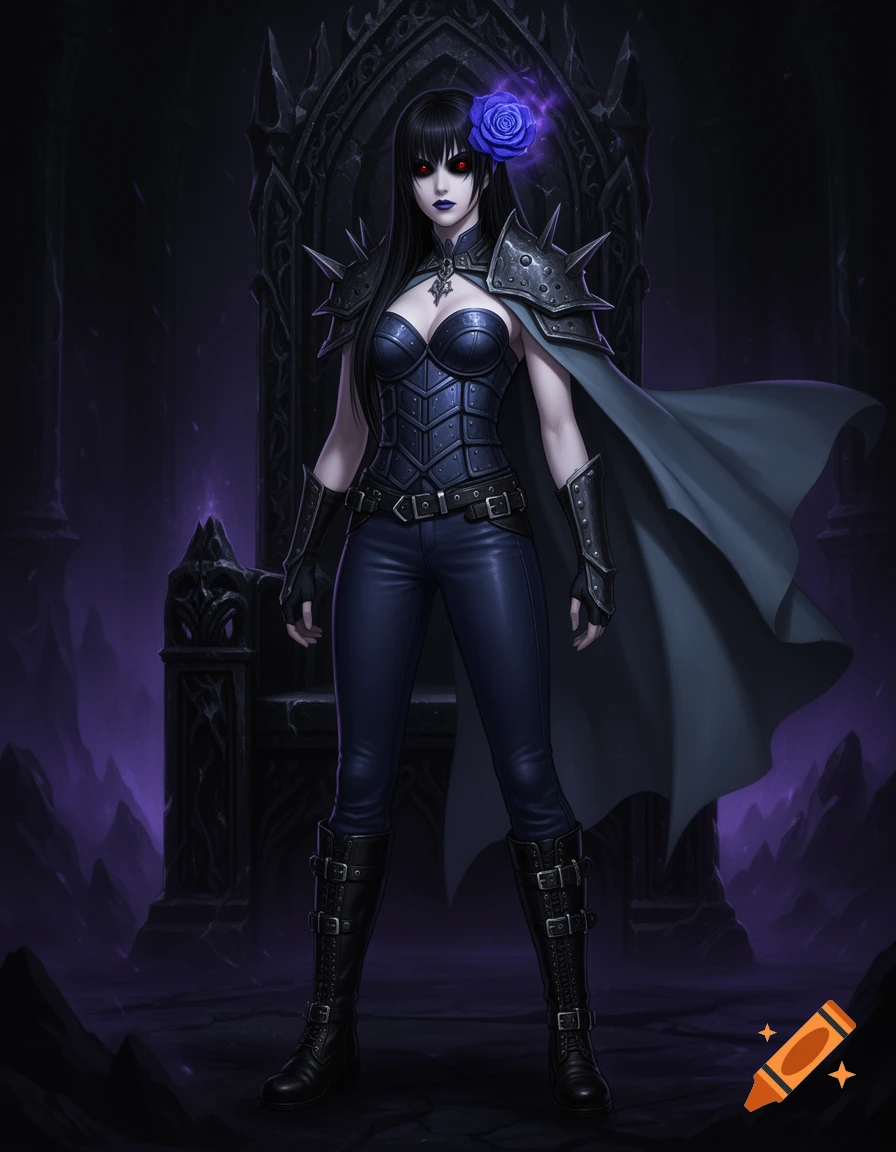 Anime-inspired dark fantasy sorceress with red glowing eyes, black hair, blue rose, and dark armor, standing in an obsidian throne room.