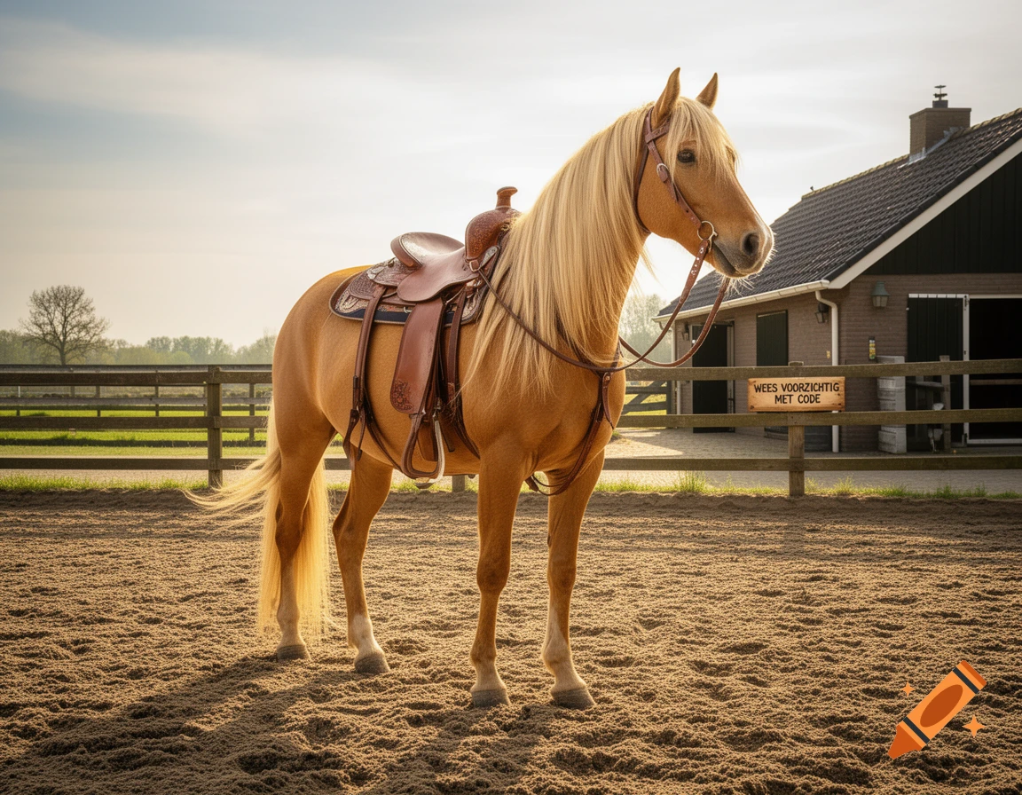 A photorealistic golden horse with a blonde mane and western saddle stands in a sandy riding arena with stables and a fence.