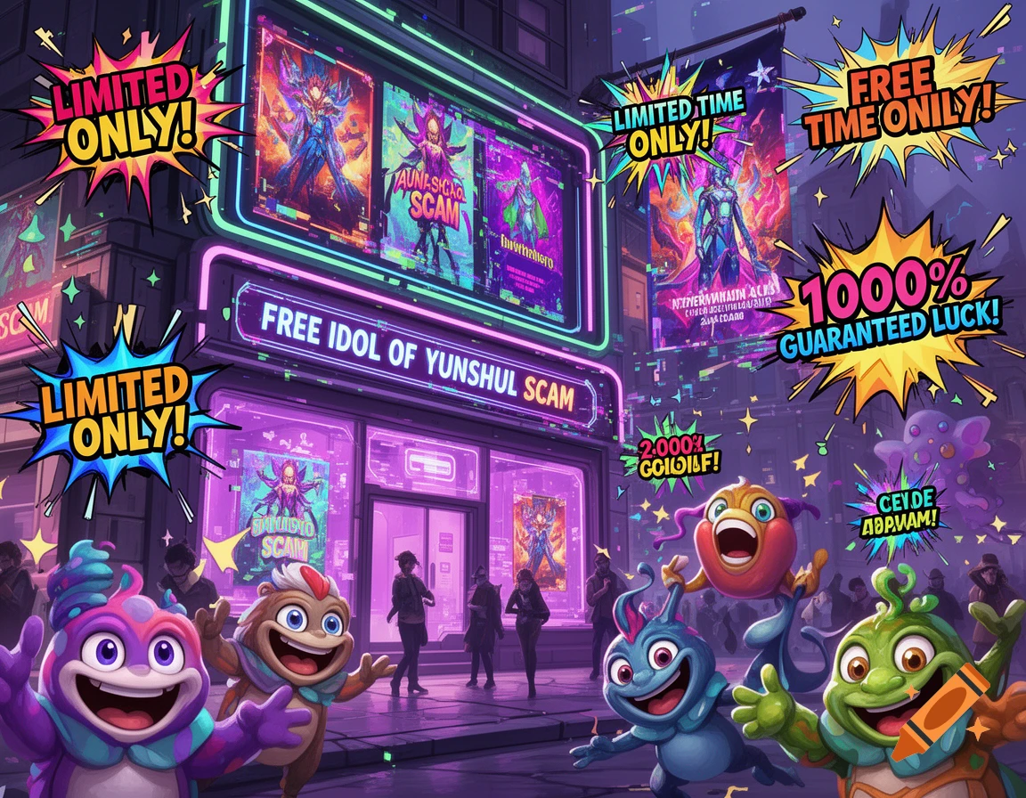 Cartoon monsters dance happily in a vibrant, neon-lit city street filled with exaggerated clickbait ads for 'FREE IDOL OF YUNSHUL SCAM'.