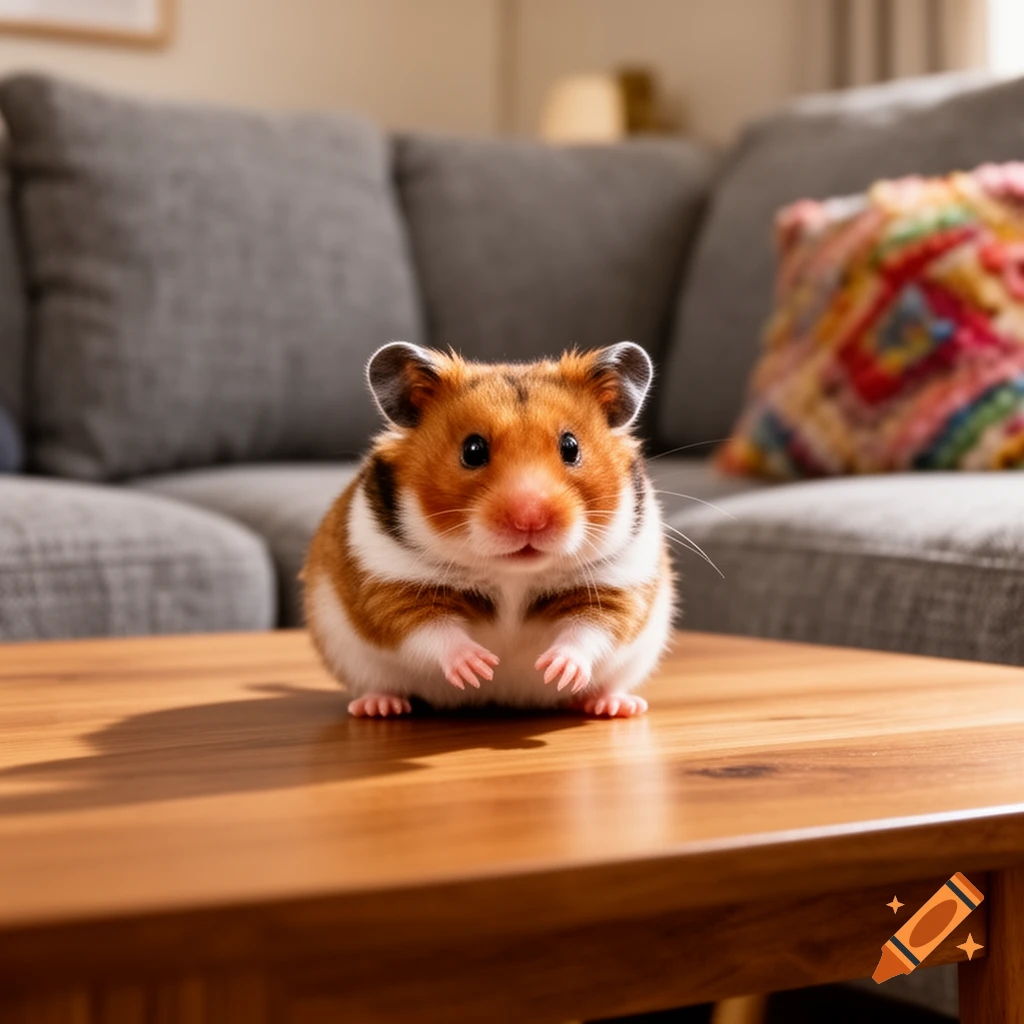 A fluffy brown and white hamster with big eyes sits on a polished wooden coffee table in a living room.