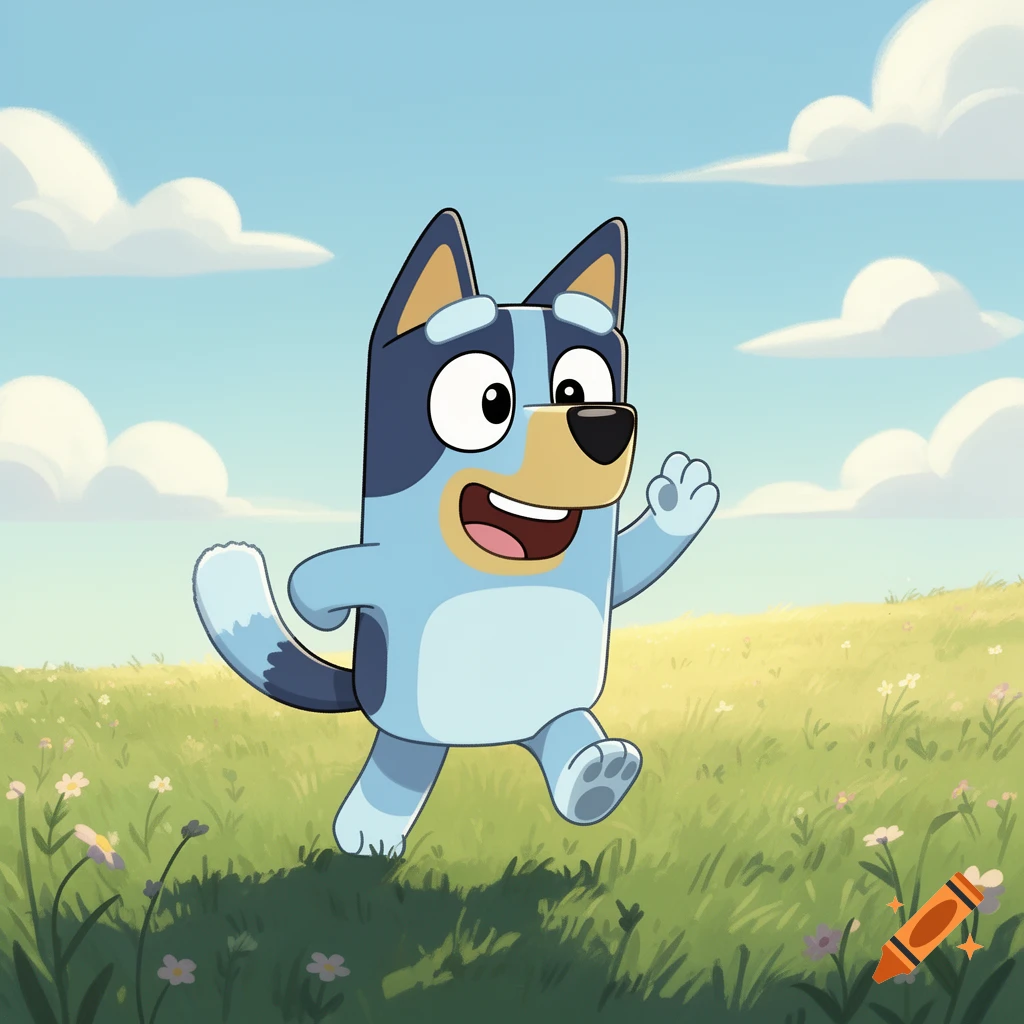A happy cartoon blue dog, Bluey, runs through a green field under a blue sky, waving a paw.