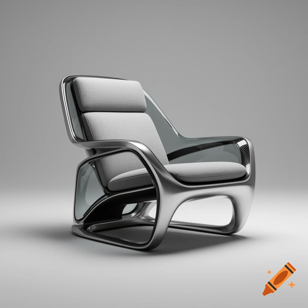 A futuristic luxury designer chair with a brushed titanium and polished aluminum frame, smoked glass accents, and light grey upholstered cushions against a neutral grey background.