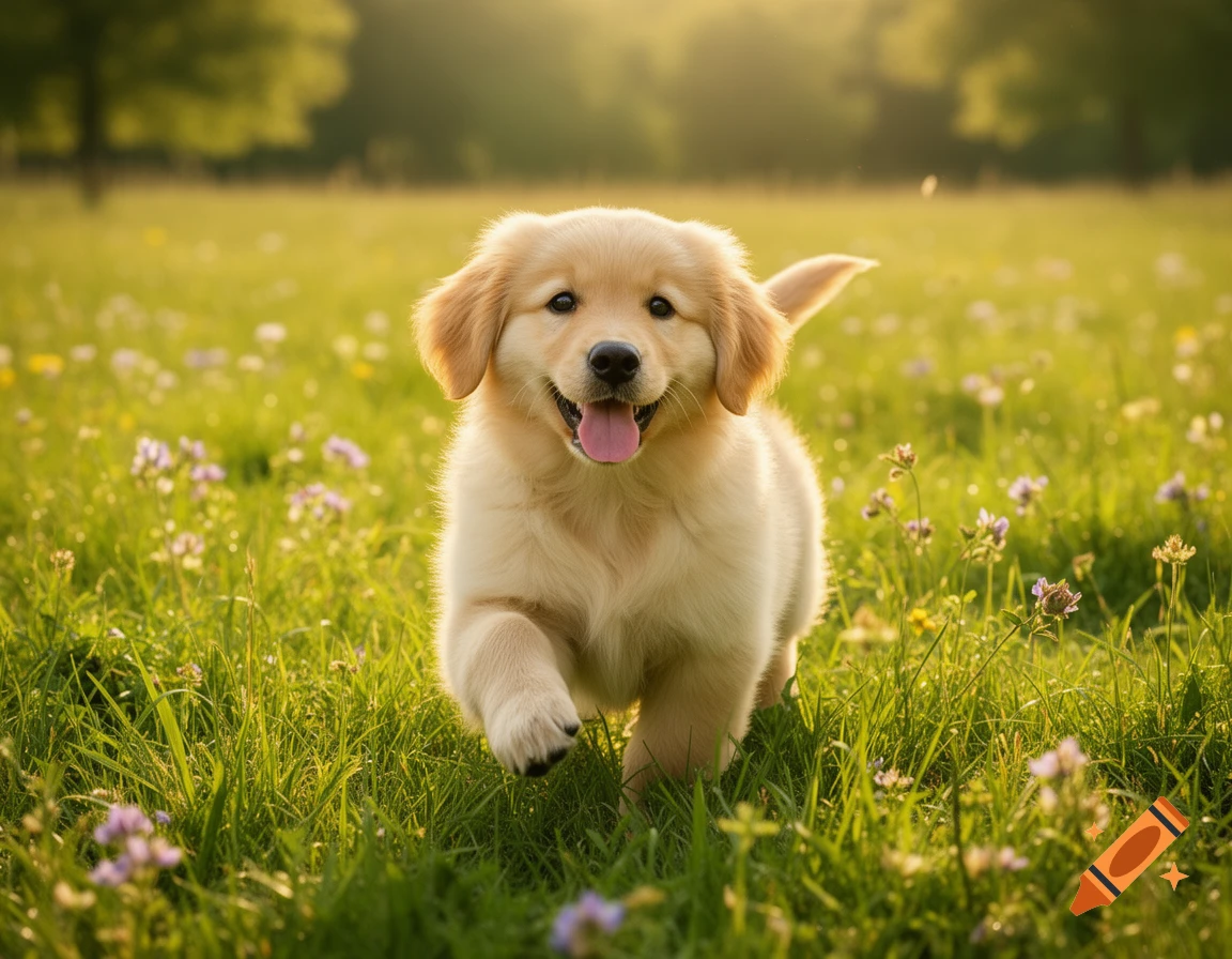 A fluffy golden retriever puppy runs through a sunny green field with purple flowers, photorealistic.