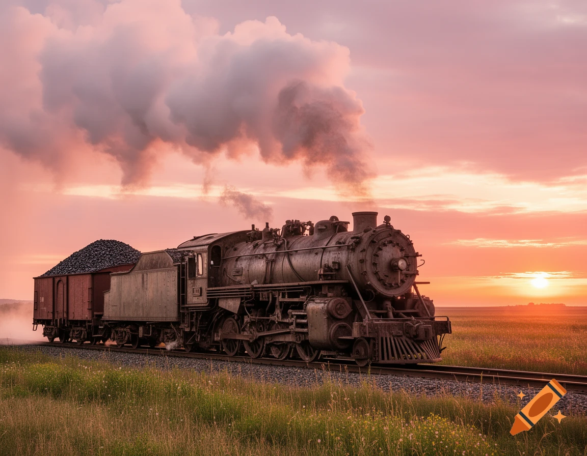 A vintage steam locomotive pulls a coal car through a grassy field at sunset, with pink and orange clouds.