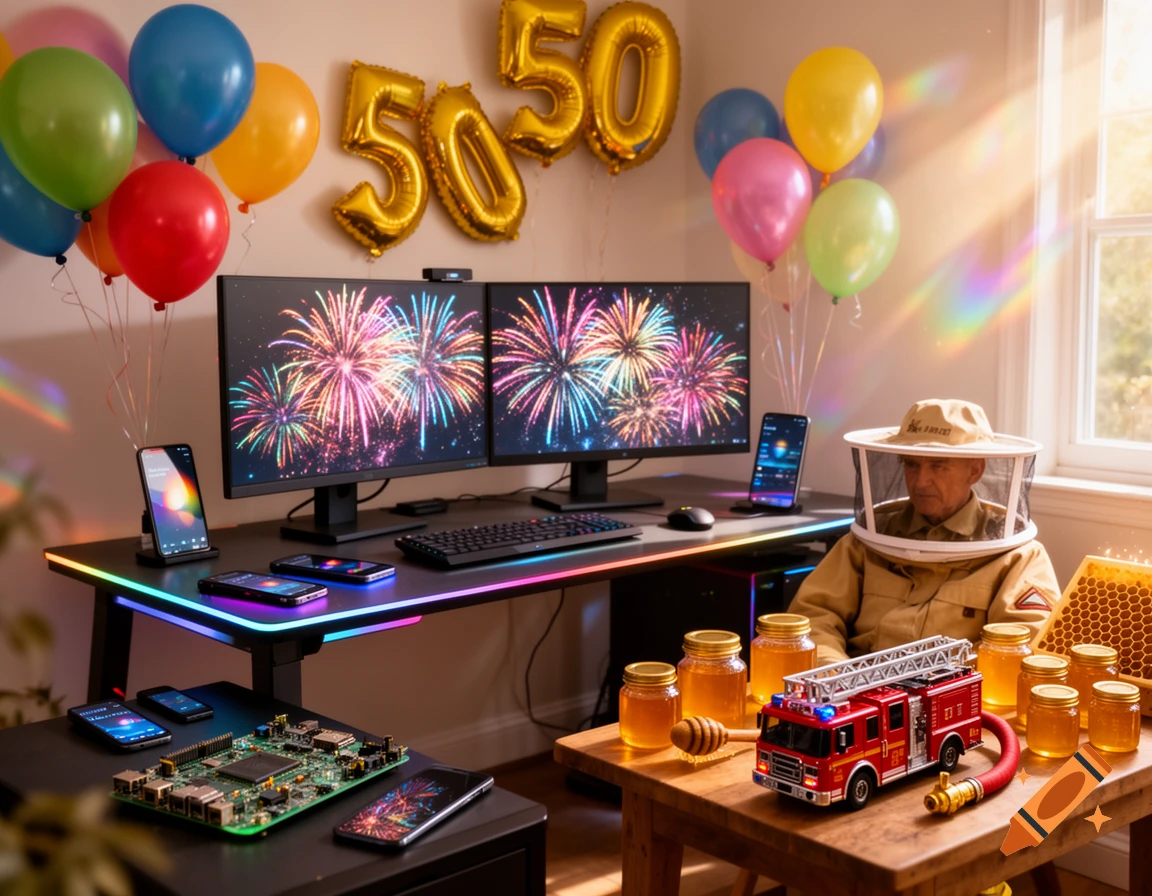 A man in a beekeeper suit sits at a gaming desk with dual monitors displaying fireworks, surrounded by birthday balloons, honey jars, and a toy fire truck.