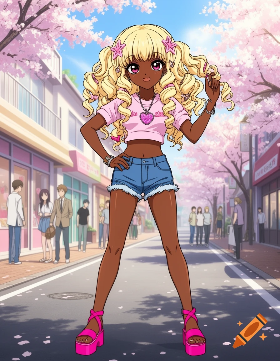 A dark-skinned anime gyaru girl with blonde curly pigtails, wearing a pink crop top, denim shorts, and pink platform sandals, stands on a street lined with cherry blossom trees.