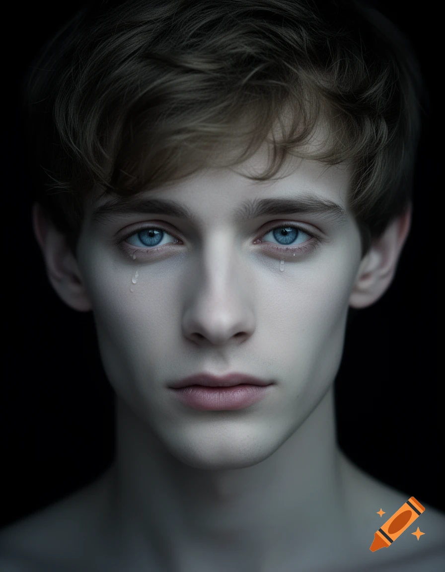 Close-up photorealistic portrait of a pale young man with light brown hair and blue eyes, with tears streaming down his face, on a dark background.