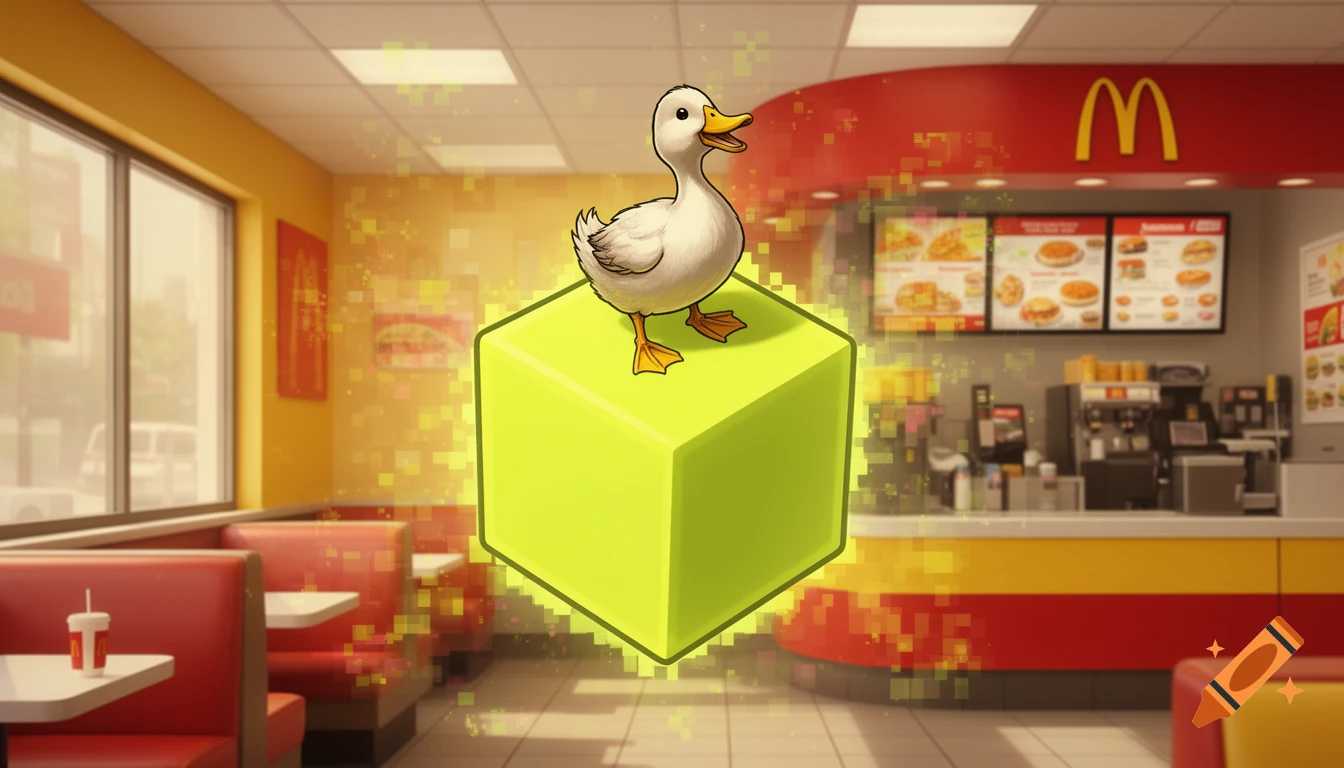 A cartoon duck stands atop a glowing green cube inside a McDonald's restaurant, surrounded by pixelated effects.