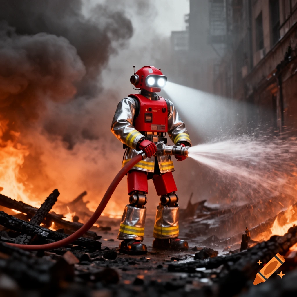 A photorealistic image of a red robot in a fire suit spraying water on a large fire in a burning city street.