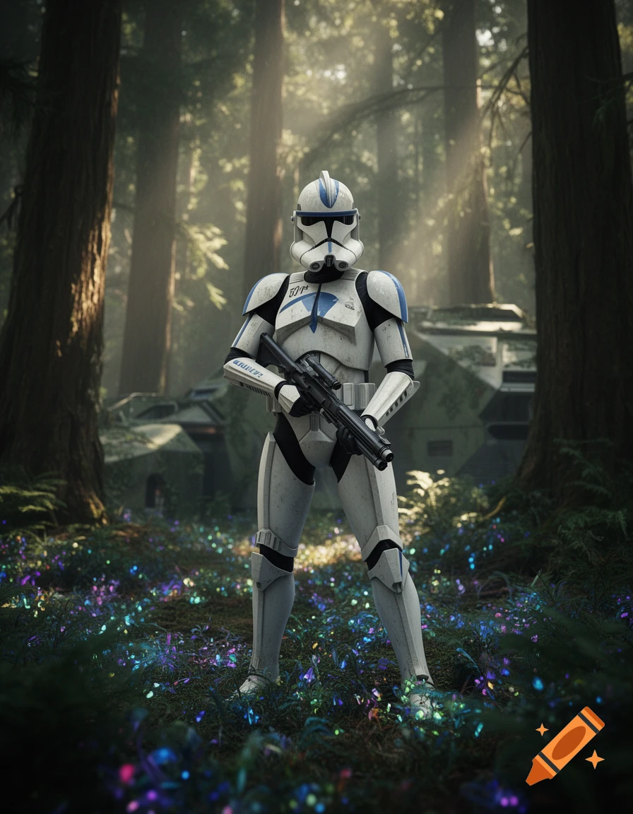 A clone trooper with blue markings stands in a magical forest with glowing plants, sun rays filtering through trees.