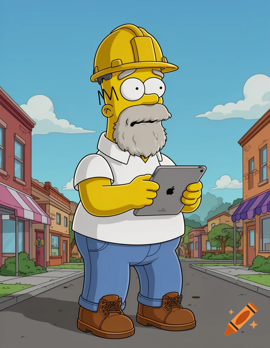 Homer Simpson, confused, wearing a hard hat, white shirt, blue jeans, and brown boots, holding an iPad, standing on a street in The Simpsons cartoon style.