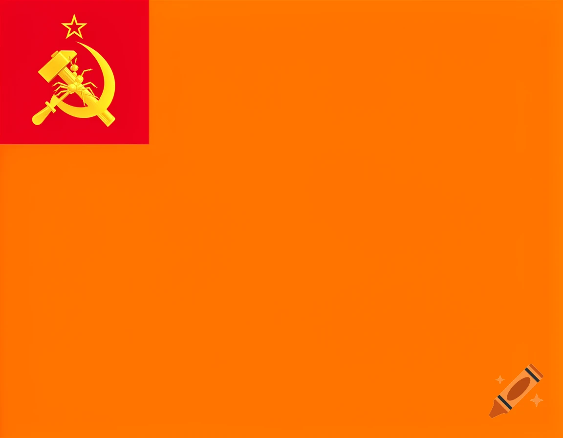 A minimalist flag with a bright orange field, a red canton, and a golden hammer, ant antenna, and star emblem.