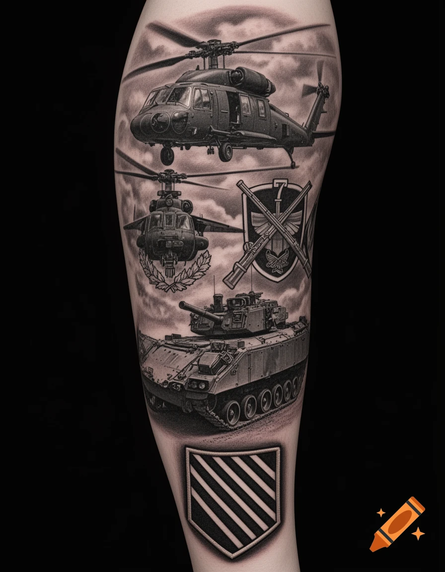Detailed black and grey tattoo sleeve featuring two military helicopters, a tank, the 7th Infantry Regiment insignia, and the 3rd Infantry Division patch against a cloudy sky.