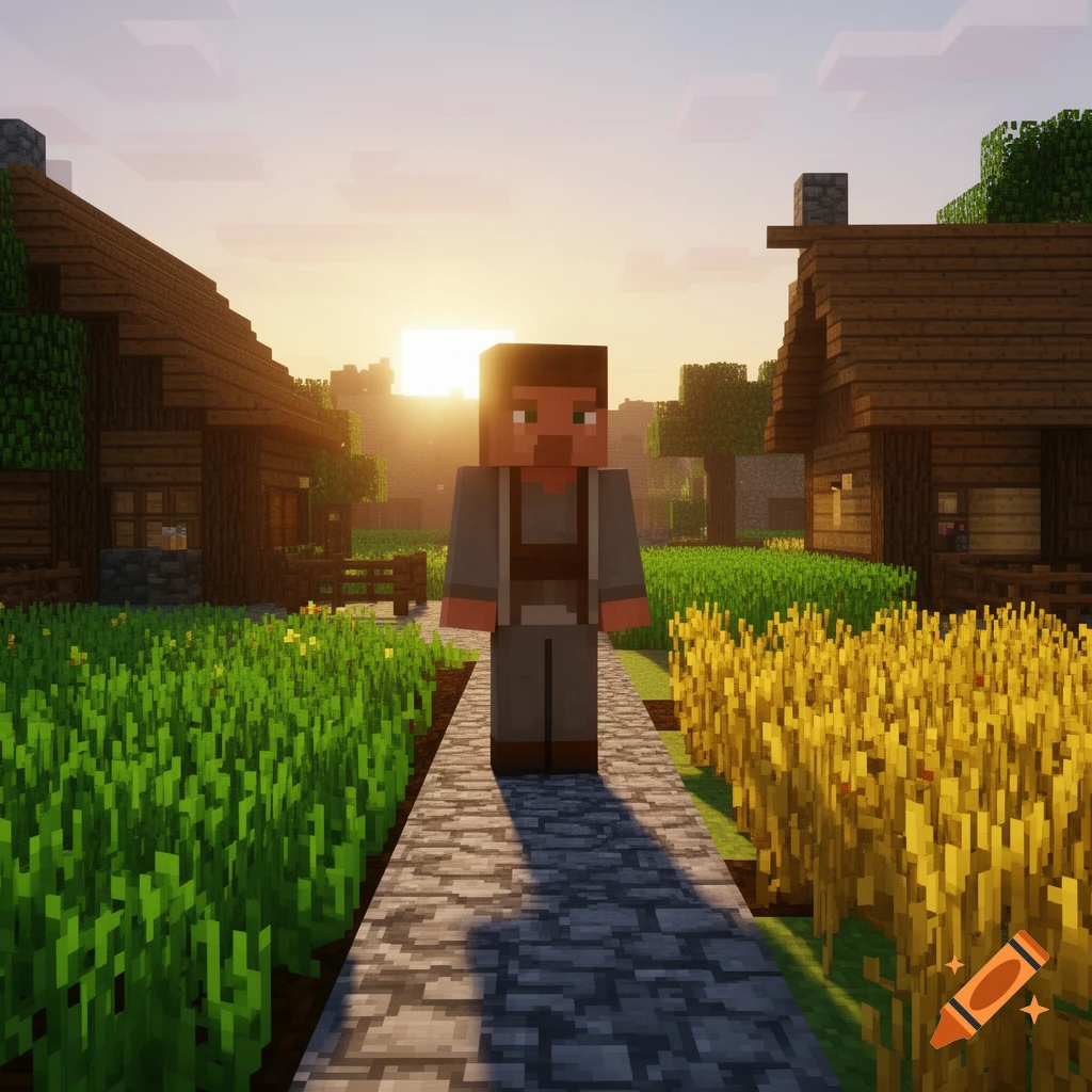 A blocky Minecraft villager stands on a stone path in a village at sunset, with wooden houses and fields.