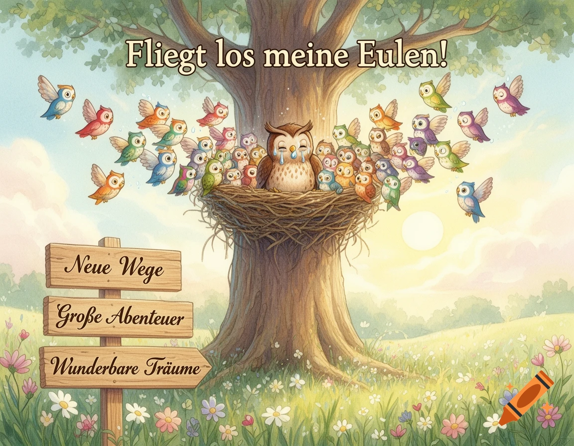 A whimsical illustration of a crying mother owl in a nest in a tree, watching her colorful owlets fly away. A signpost points to "New Paths", "Great Adventures", "Wonderful Dreams". Text above reads "Fly away my owls!"