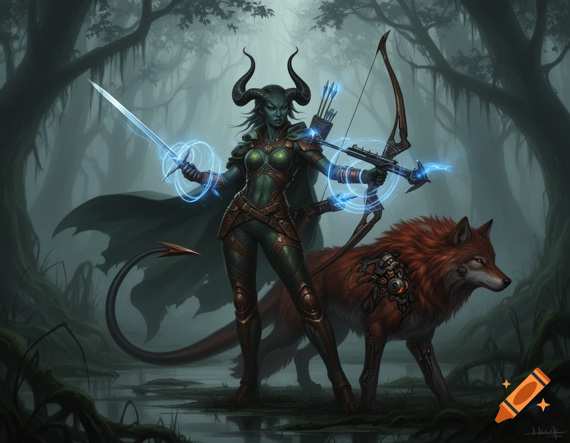 A green-skinned, horned female ranger with a glowing sword and crossbow stands with her biomechanical wolf in a gloomy swamp forest, digital fantasy art.