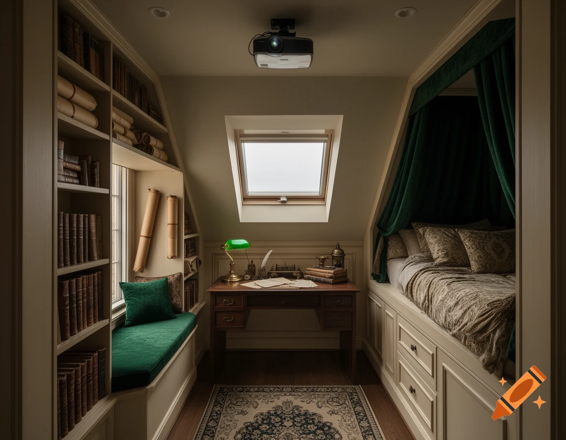 A cozy attic bedroom with a skylight, built-in bookshelves, a window seat, a wooden desk with a green banker's lamp, and a bed with a green velvet canopy.