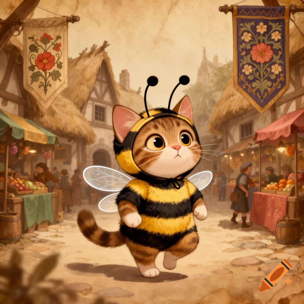 A cute tabby cat in a bumblebee costume walks through a bustling medieval market street in a charming cartoon style.