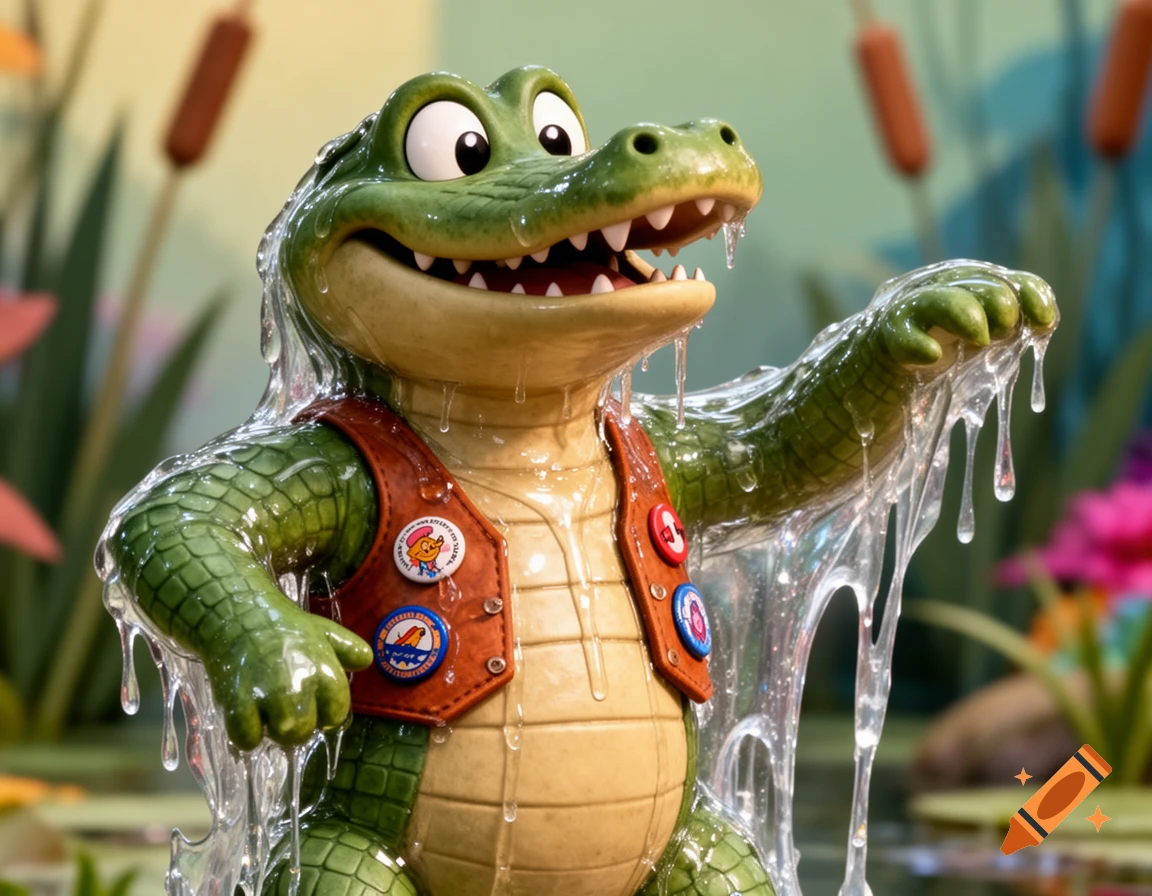 A cartoon alligator in a vest is completely covered in clear, stretchy slime, standing in a marsh. Rendered in 90s Disney Afternoon style.