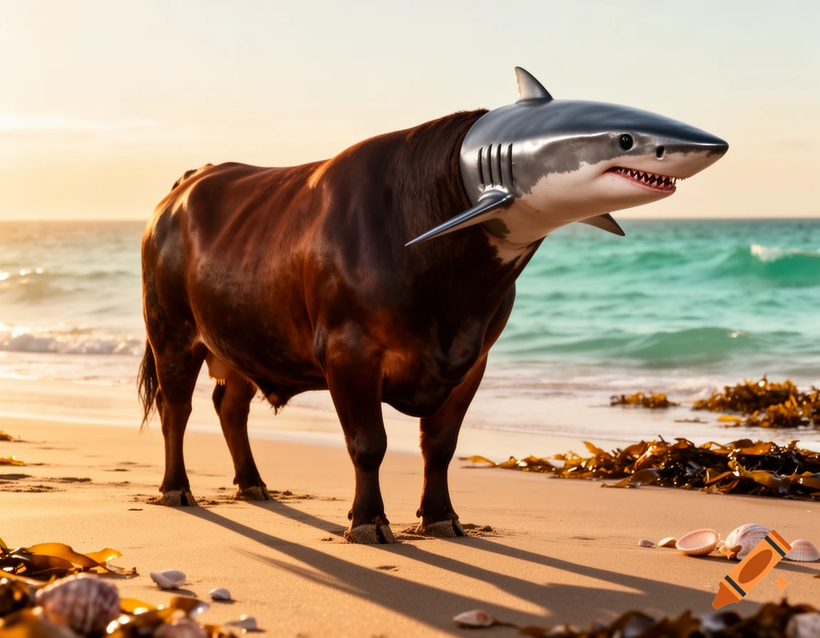 Photorealistic image of a bull with a shark's head standing on a sandy beach at sunset.