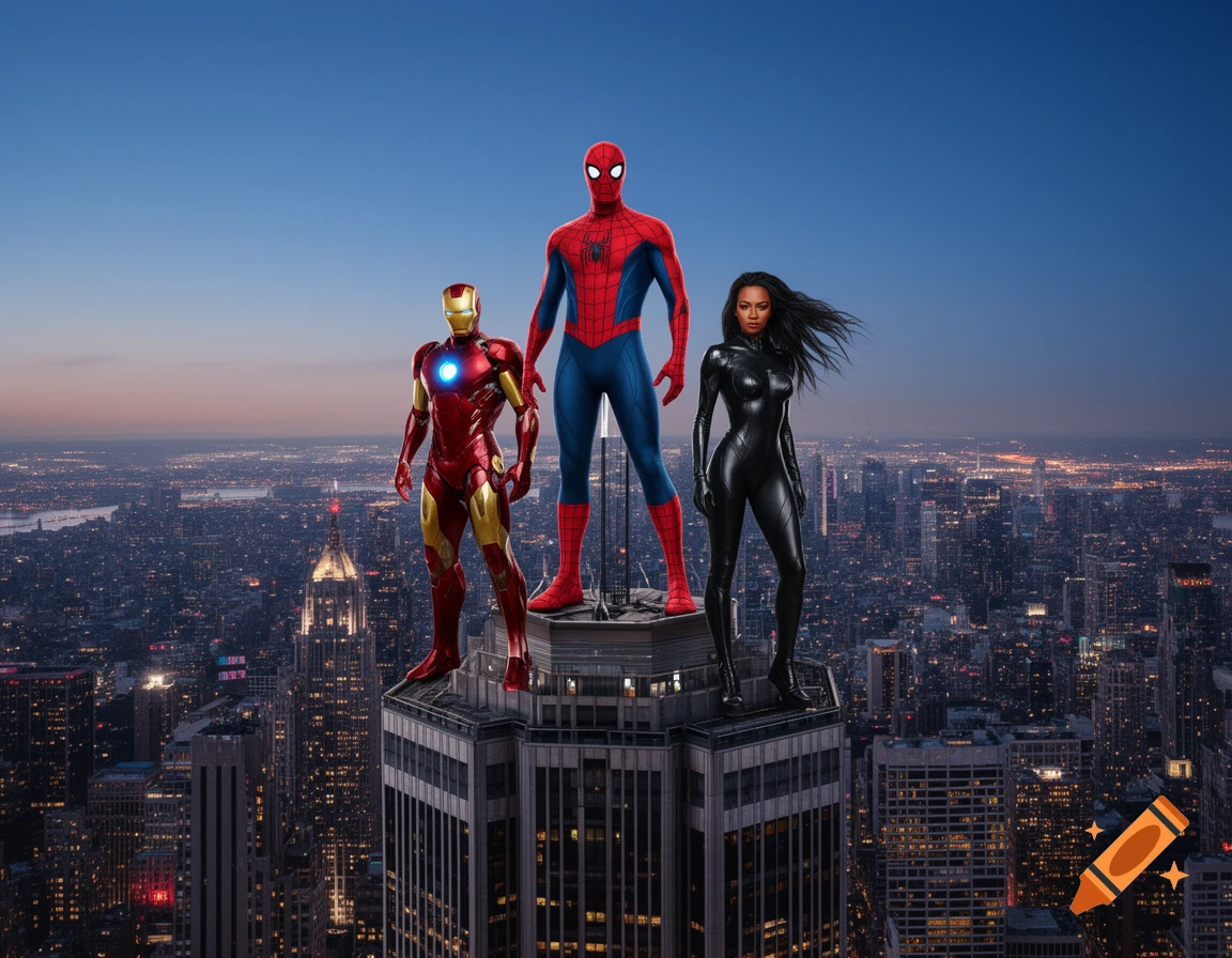Spider-Man, Iron Man, and a female superhero in a black suit stand on a skyscraper rooftop overlooking a vast city at dusk.