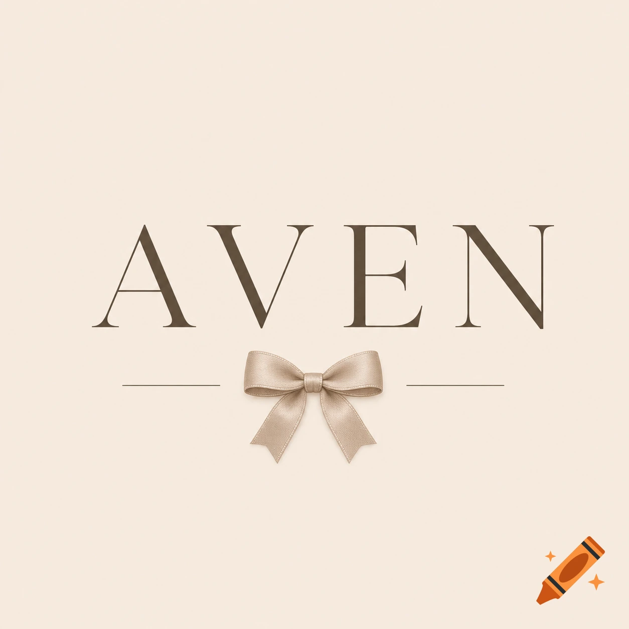 Minimalist logo with 'AVEN' in serif font above a beige bow, on a light beige background.