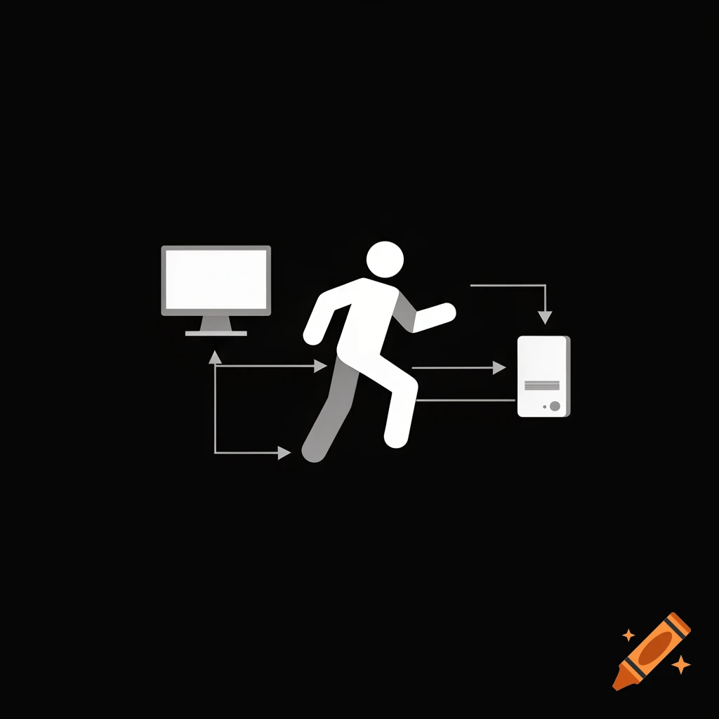 Minimalist pictogram of a person running between a computer monitor and a server, with arrows indicating data flow, on a black background.